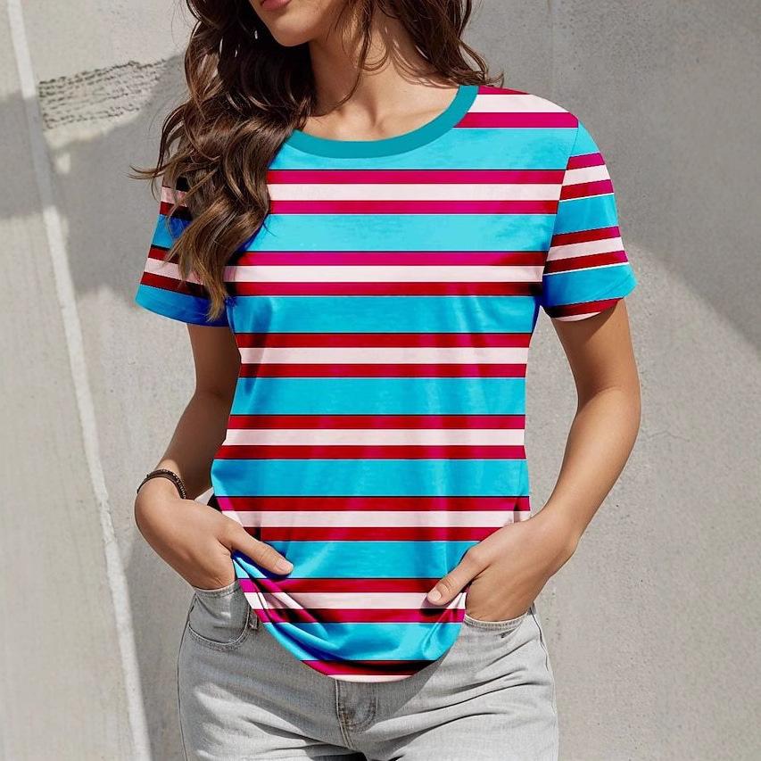 Summer Round Neck 3D Minimally Striped Color Blocking Print Top Fashionable Casual Short Sleeved Women's T-shirts