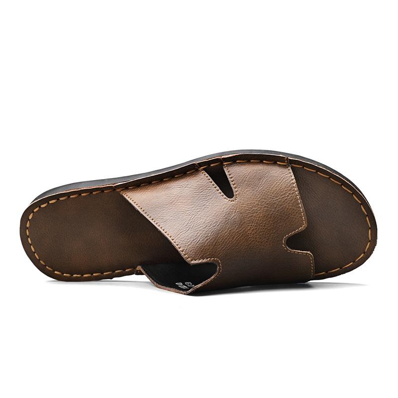 Men Slippers Handmade Simple Flats Sandals Outdoor Summer Brown Black Slide Slippers Open Toe Beach Shoes Plus Size