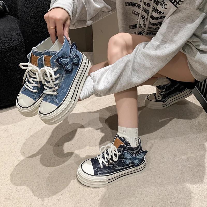 Женская мода пряжка ремень парусиновые туфли высокие рваные джинсовые ботильоны короткие ботинки на шнуровке для девочек студентов толстая подошва кроссовки