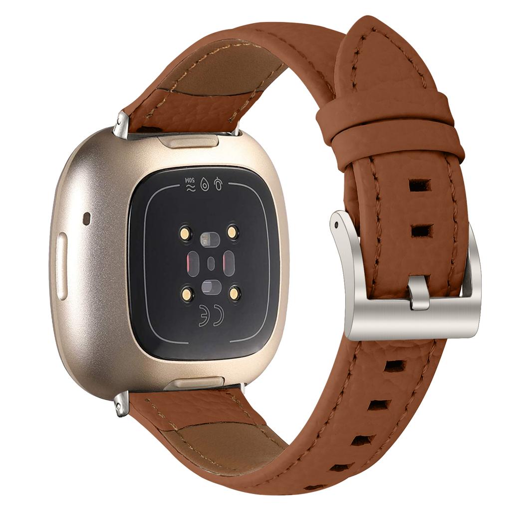 Litchi Textured Genuine Cow Leather Strap with Electroplated Buckle for Fitbit Versa 3/Sense Pointed-End Watch Band