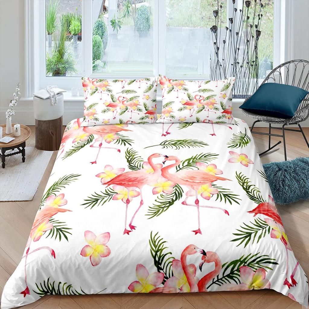 Комплект пододеяльника «Фламинго» Тропические листья Покрывало с рисунком пальм Постельный комплект Красочный полиэстеровый пододеяльник для детей