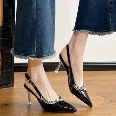 Летние Новые Baotou Высокая Мода Шпилька Заостренный Носок Высокие Каблуки Отделка Стразами Сексуальные Сандалии на Одном Ремне Большого Размера Женские