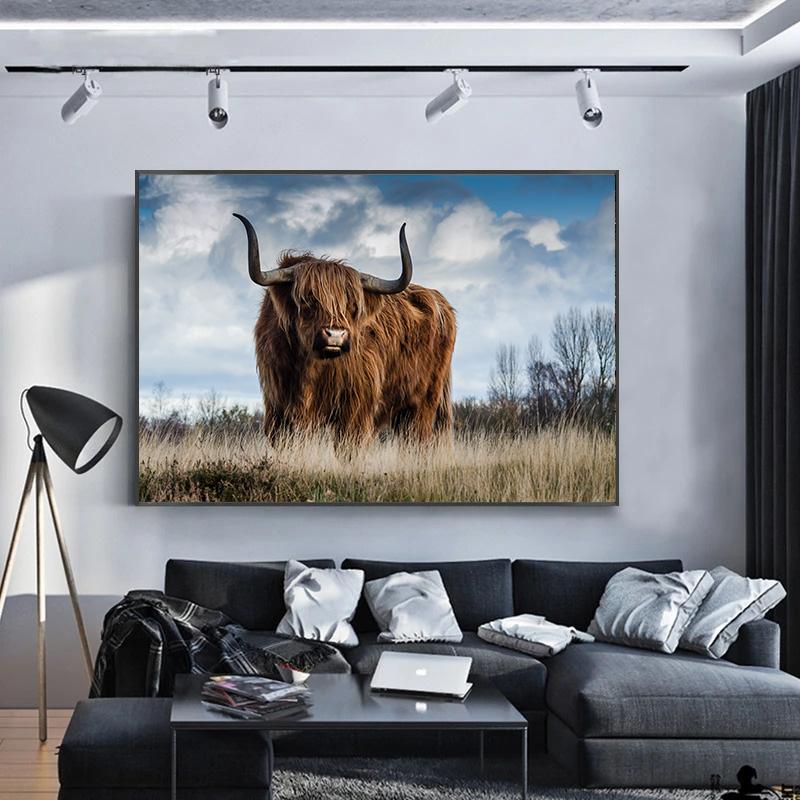 Animal Highland Cow Scottish Highland Cow Buffalo Cattle Art Posters Canvas Painting Wall Prints Pictures Living Room Home Decor