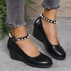 Elegant Ladies Pearl Ankle Strap Wedge Shoes for Women Autumn 2025 Black Pu Leather Office Pumps Woman Comfort Soft Mary Janes