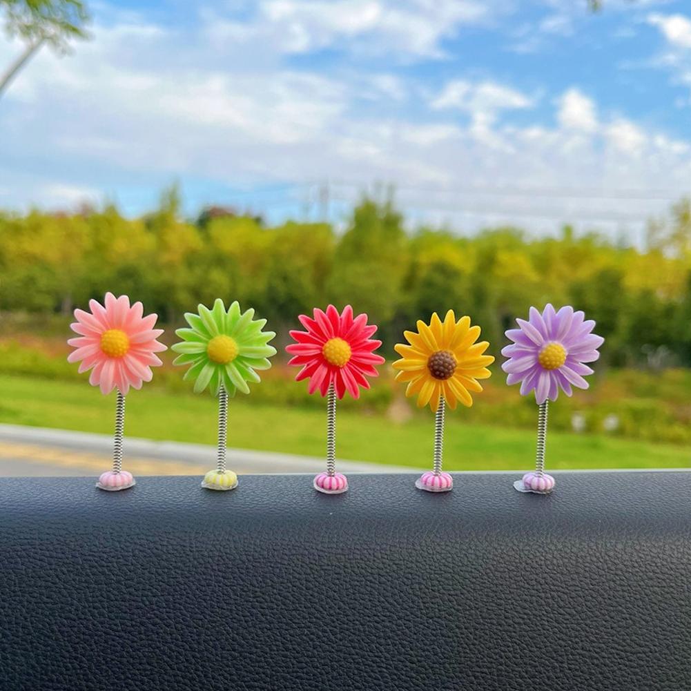 5Pcs Cartoon Car Interior Shaking Head Sunflowers Ornament Decoration with Spring Shake Head Decor Double-sided Tape