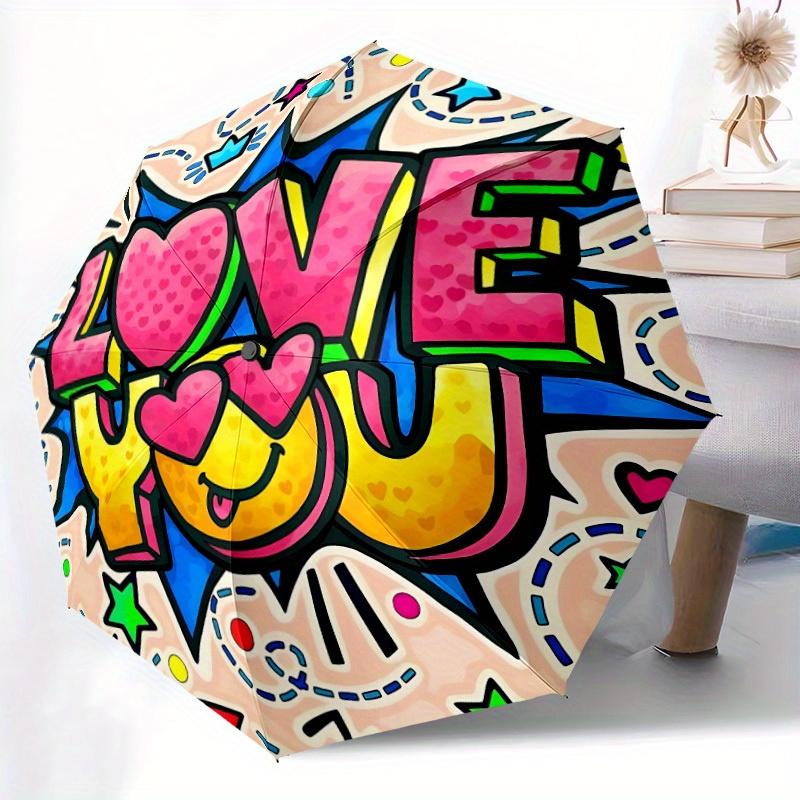 1pc Love You Sticker Automatic Folding Umbrella - 8-Rib Iron Frame, Windproof, Portable Sunshade with Plastic Handle for Travel & Outdoor Ac