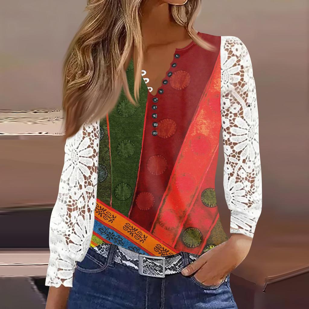 Women's T Shirt Tee Print Button Lace Long-sleeved  Daily Weekend Fashion Basic V- Neck Regular Top