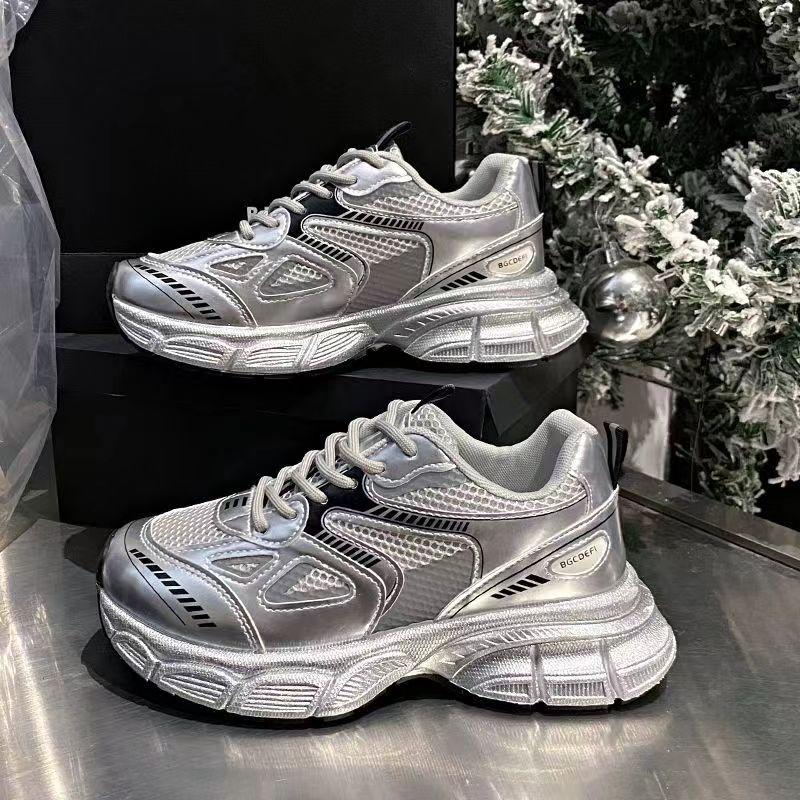 Women's Shoes Autumn New Ins Fashionable Platform Silver Dad Shoes Women's Summer Lightweight Sneaker Casual Running Shoes