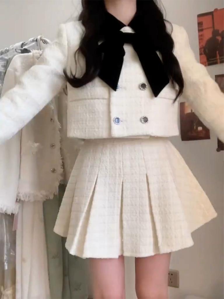 France Winter Elegant Party Two Piece Set Women Bow Short Coat + High Waisted Pleated Skirt Korea Chic Design Skirt Set 2024 New