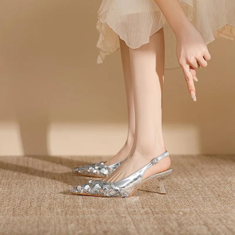 Новые блестящие женские сандалии с острым носком, неглубокие, элегантные туфли с открытой пяткой, туфли-лодочки на среднем каблуке