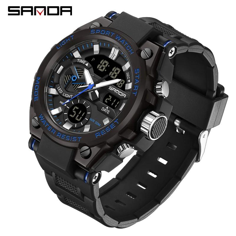 Спортивные часы SANDA G-style для мужчин 50M Водонепроницаемые LED Часы Будильник Двойной дисплей Кварцевые Наручные часы Военные Устойчивые Мужские Часы