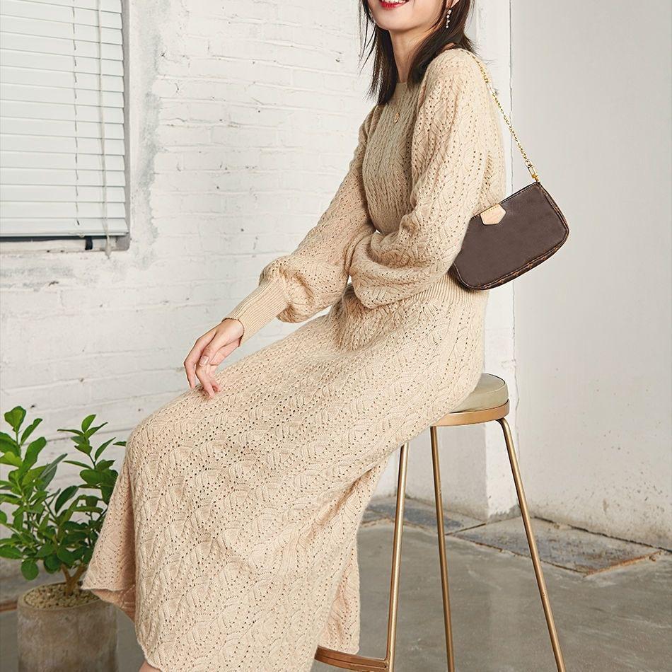 Осенне-зимнее жаккардовое трикотажное платье с рукавами-фонариками в стиле ретро, женское платье средней длины с талией и запахом, свитер трапециевидной формы, платье выше колена