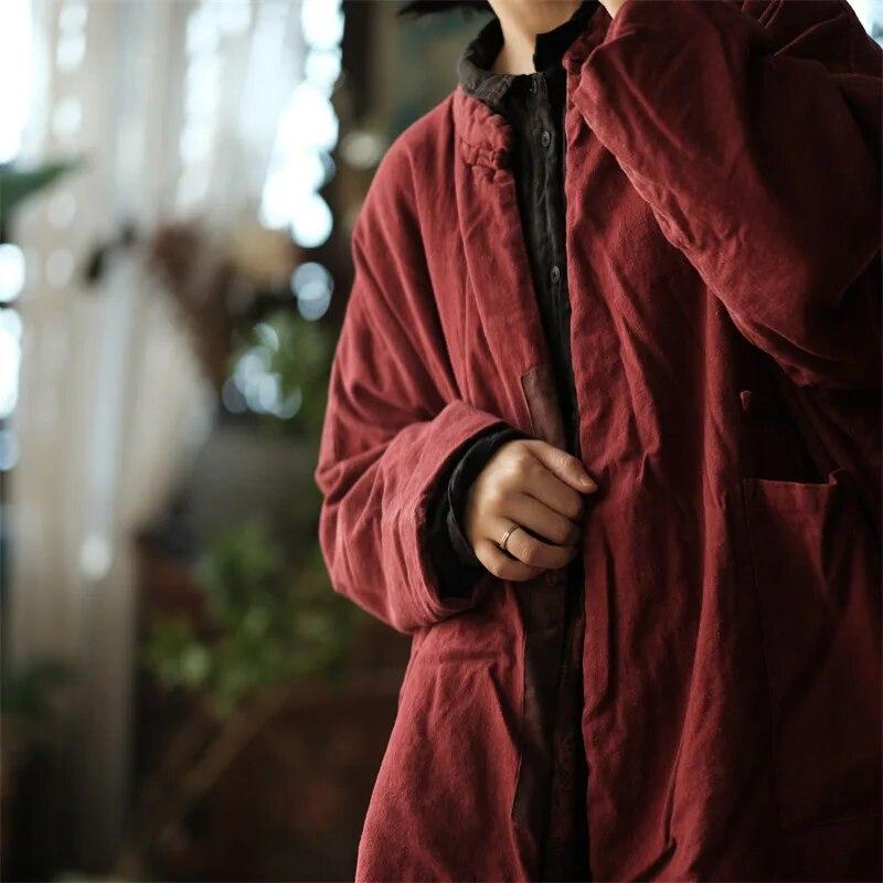 Johnature Women Chinese Style Stand Winter Parkas Solid Color Patchwork Pockets Coats Long Sleeve Button Vintage Parkas