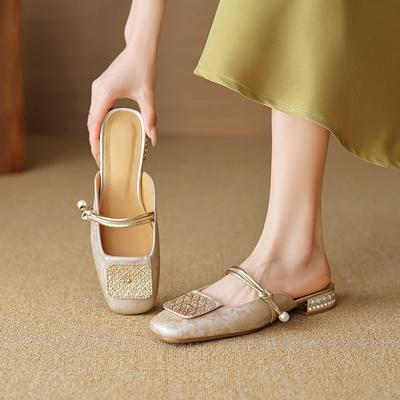 Баотоу полутапочки женские летние однословные с квадратным носком на толстом каблуке прохладные тапочки полуподнос