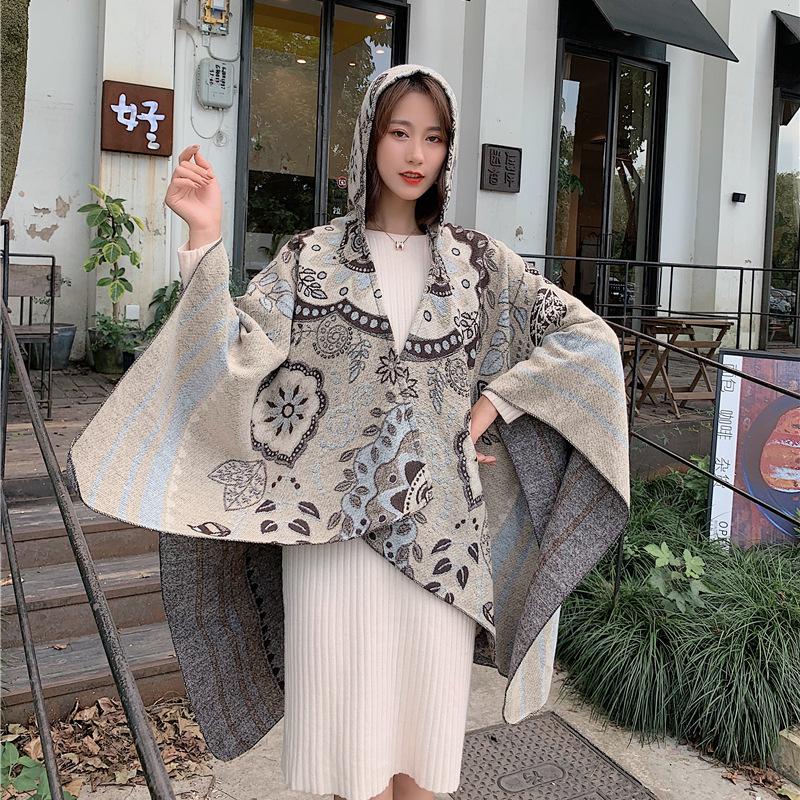 21 Style Big Pendulum Cloak With Hat Arabic Poncho Women Leopard Pocket Shawl Cape Knitted Middle East Split Thick Warm Blanket