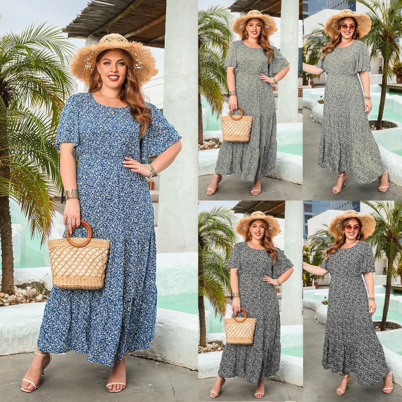 Новое повседневное платье для отпуска с цветочным принтом, круглым вырезом, коротким рукавом, миди-платьями