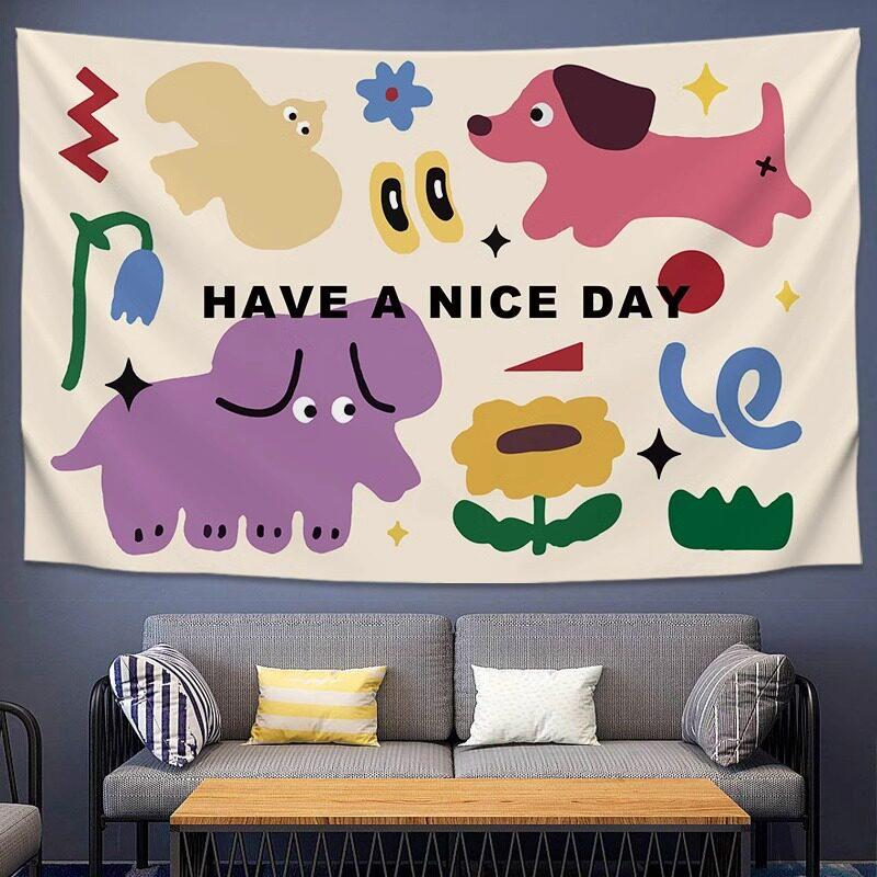 Cute Cartoon Little Monster Wall Tapestry Kids Room Decorative Background Cloth for Bedroom Headboard Hanging Art
