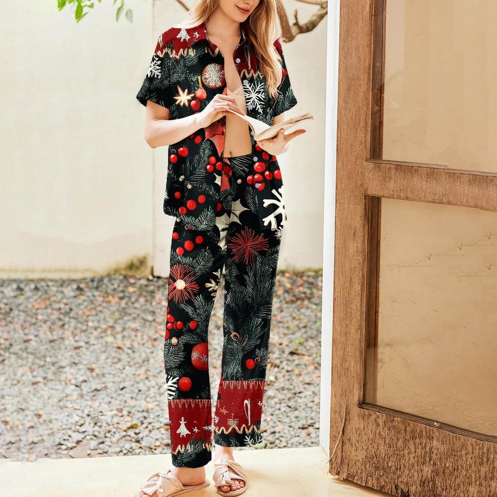 Женский рождественский пижамный комплект с принтом, женские короткие рукава, длинные брюки, комплект из двух предметов, застегивающийся на пуговицы, домашняя одежда