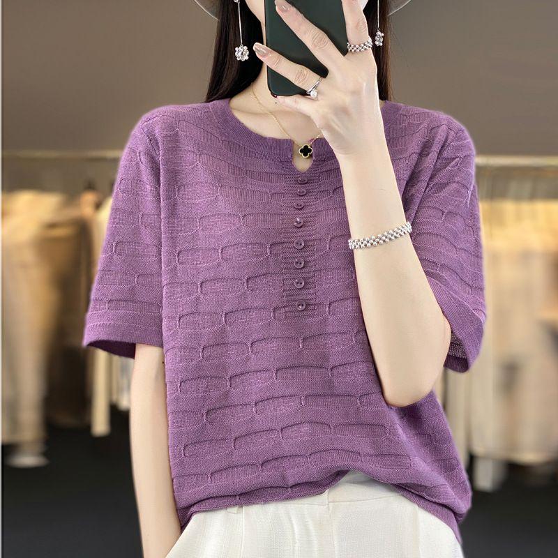 Повседневная свободная женская футболка Ice Silk с короткими рукавами, летняя рубашка из тонкого трикотажного льна с пуговицами