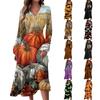 Women's Autumn And Winter Casual Fashion V-neck Long Sleeve Print Long Dress