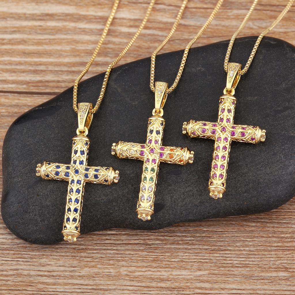 Nidin New Arrival Retro Column Shape Cross Pendant Necklace For Female Male Irregular Geometric Shine Zircon Jewelry Accessories
