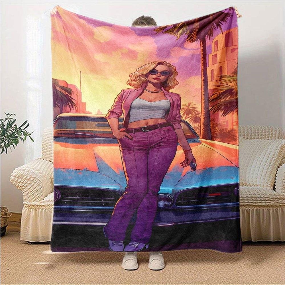 1 шт. Мягкое фланелевое одеяло Grand Theft Auto с дизайнерским принтом. Уютное одеяло для всех сезонов, идеально подходит для дивана, кровати, офиса