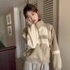 Women's Retro Colorblock Stand-Up Collar Sweatshirt Jacket, Spring/Autumn 2025, Casual Loose Baseball Cardigan.