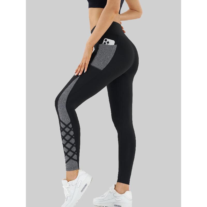 Contrast Geometric Print Pocket Yoga Leggings for Women, High Waist Compression Workout Gym Fitness Trousers