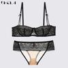 DKGEA Sexy Bra Set 1/2 Cup Transparent Embroidery Lace Underwear Set Women