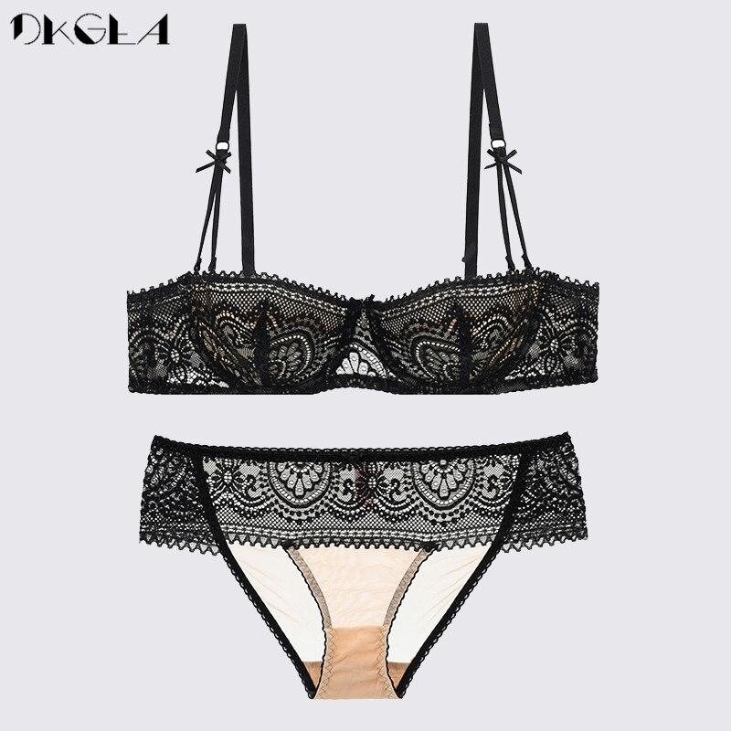 DKGEA Sexy Bra Set 1/2 Cup Transparent Embroidery Lace Underwear Set Women