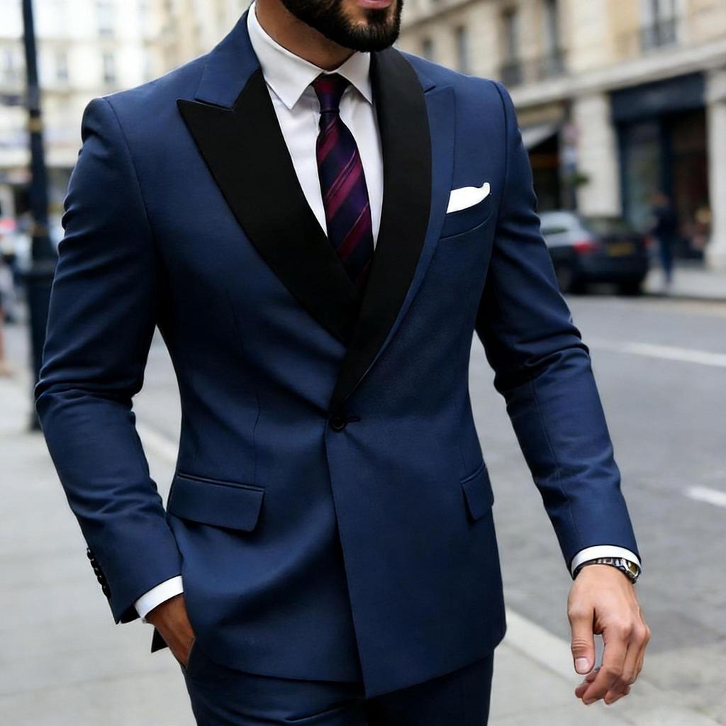 Уникальный дизайн лацканов Мужские костюмы 2 предмета Комплекты пиджак и брюки Одна пуговица Складки Элегантный пиджак Свадебный Жених Мужская одежда