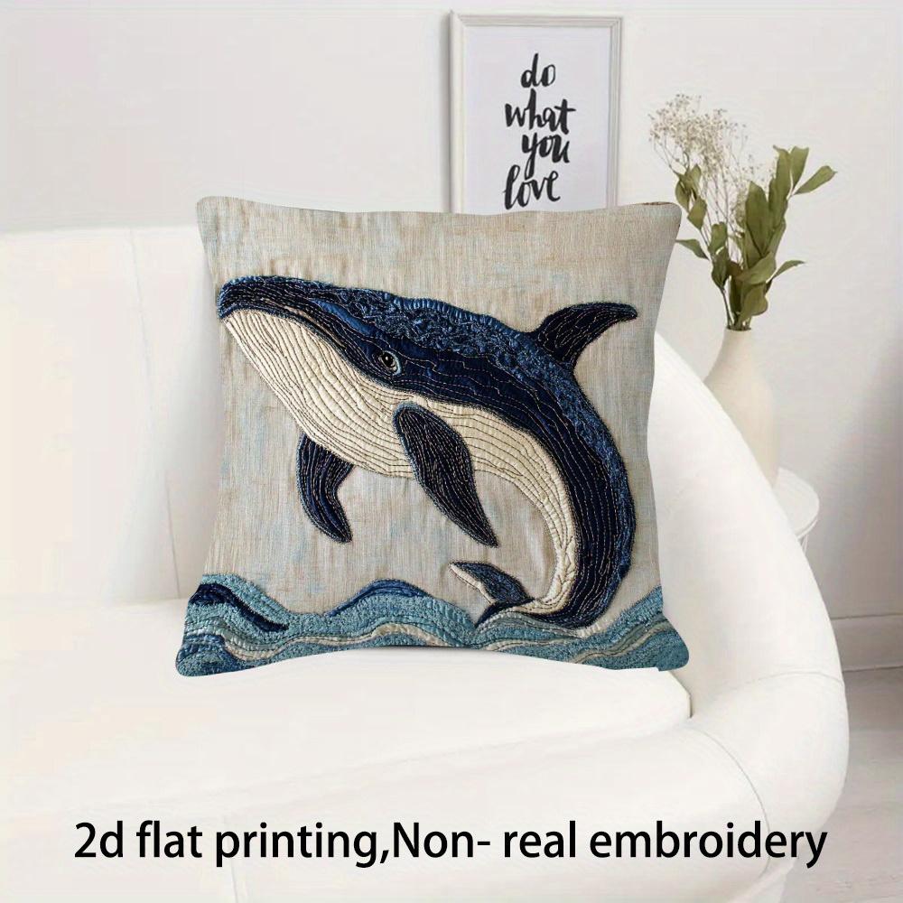 Blue Whale Ocean Pillow Cover 2D Faux Embroidery Print Nautical Marine Animal Cushion Case For Sofa Bed Couch Home Decor