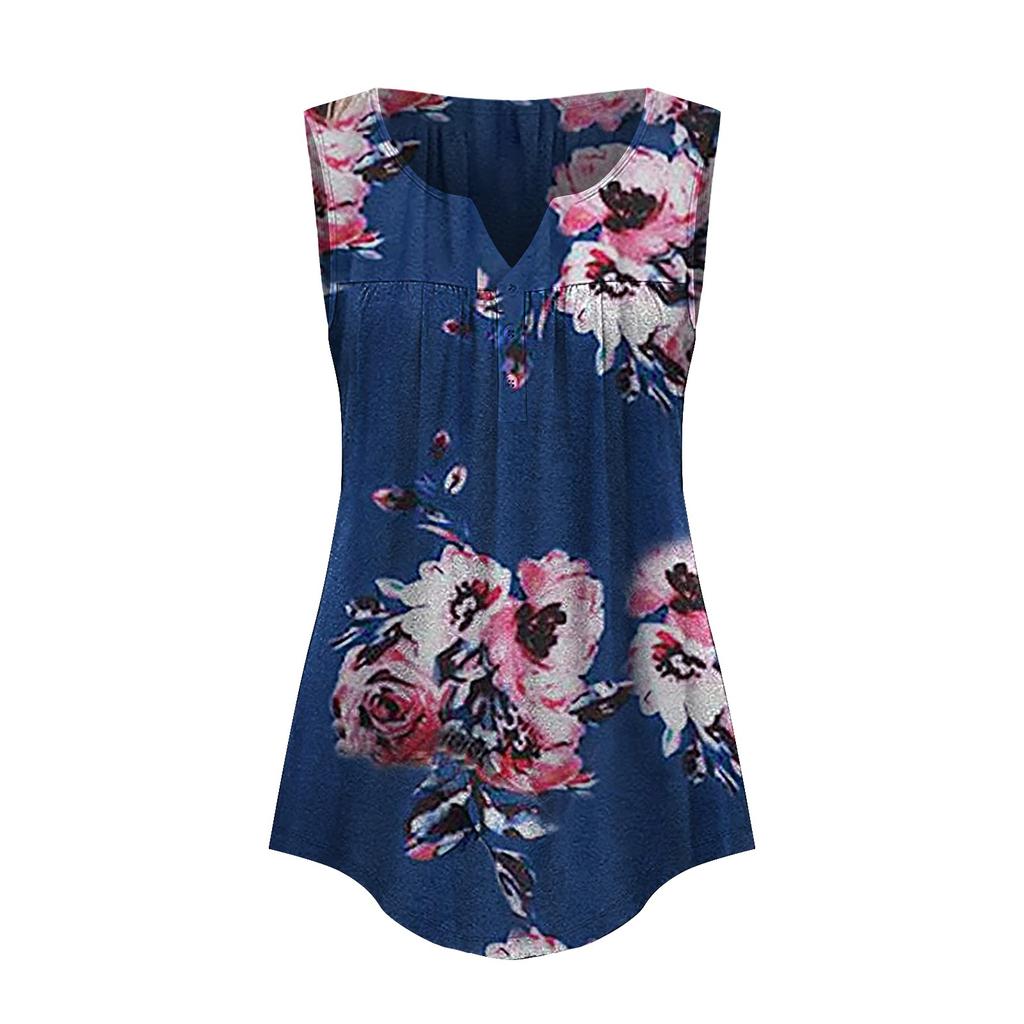 Fashion Womens Summer V-neck Sleeveless Prints Tops Ruffle Loose Tunic Blouse