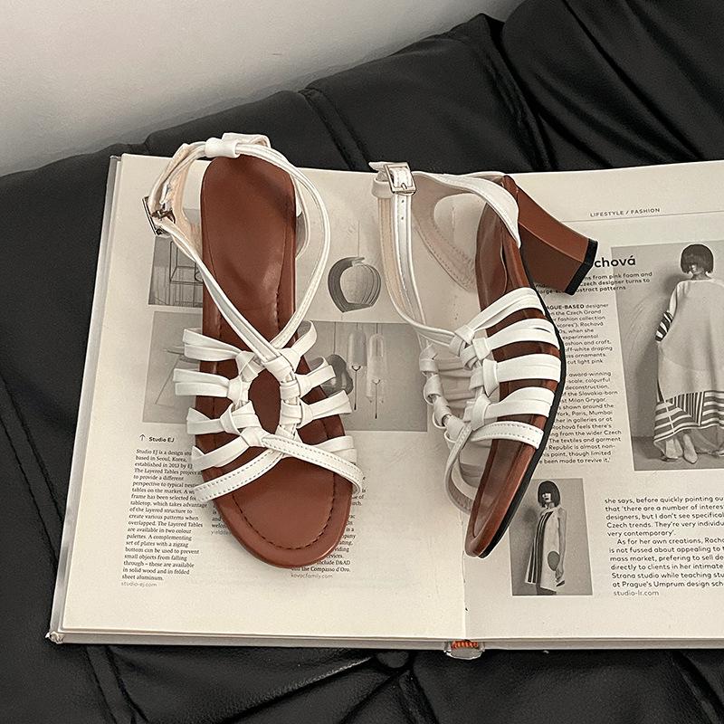 French Retro Style Round Head Elegant Thick Heel High Heel Single Shoes Summer Commute Cross After Strap Girls Roman Sandals
