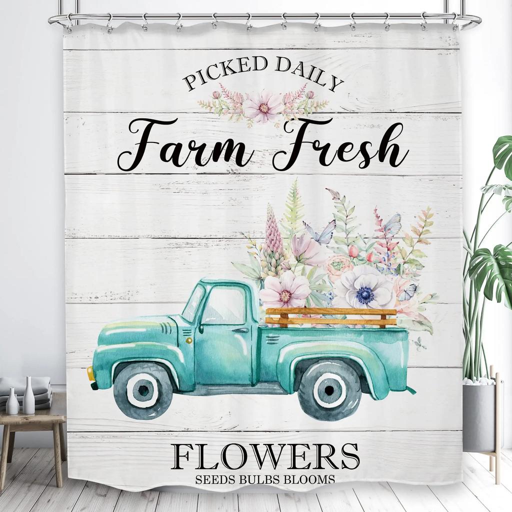 Rustic Shower Curtain Old Wooden Barn with Rusted Tractor Hillside Wooden Fence and Trees Cloth Fabric Bathroom Decor with Hooks