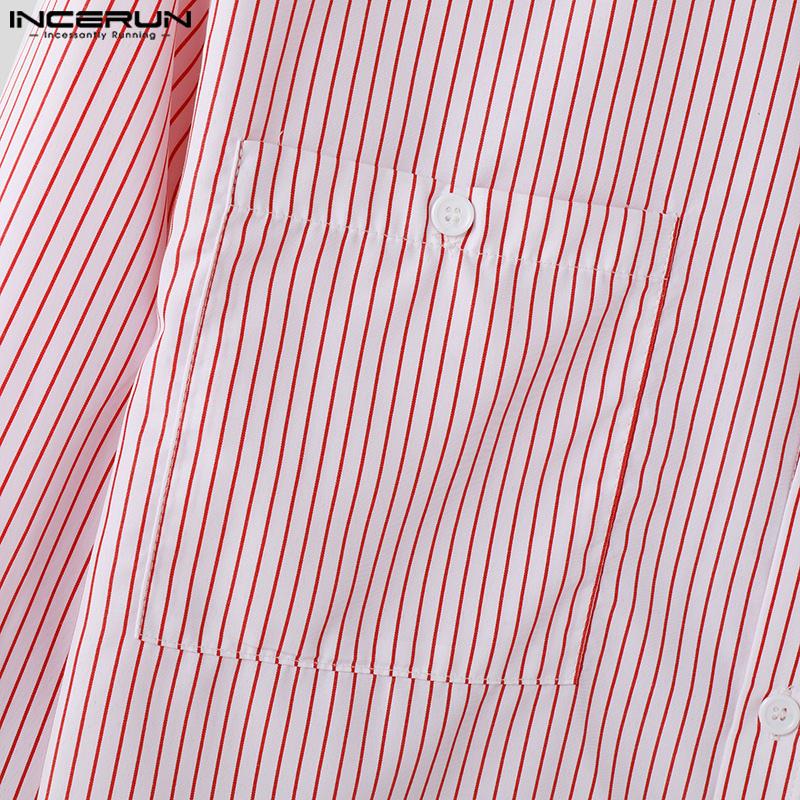 INCERUN Spring Men Lapel Long Sleeve Striped Shirts Casual Baggy Tops