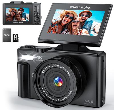CIRRO 4K Цифровая камера для фотографии 64 МП UHD Камера для влоги 18-кратный цифровой зум Ультраобъектив Вращающийся экран 32 ГБ SD-карта в комплекте Черный