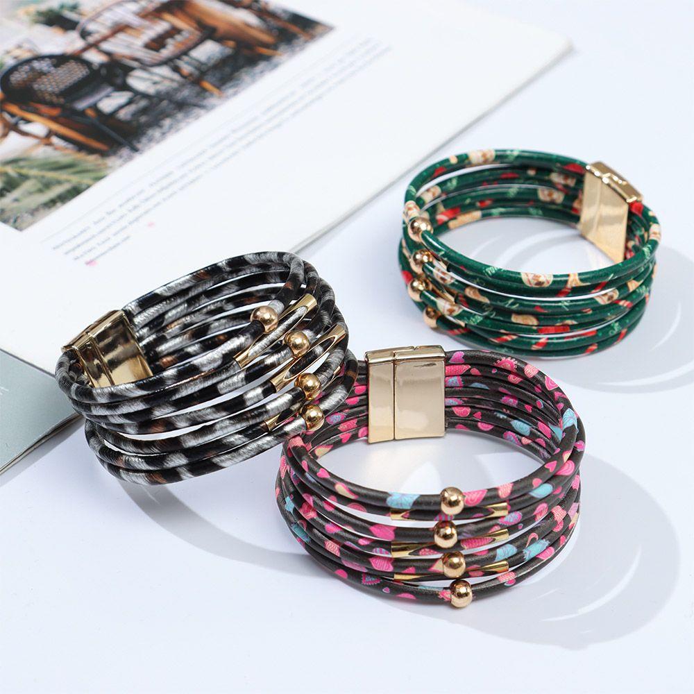 Retro Elegant Women Wrist Bands Leopard Leather Bracelets Multilayer Bangles Wide Wrap Bracelet