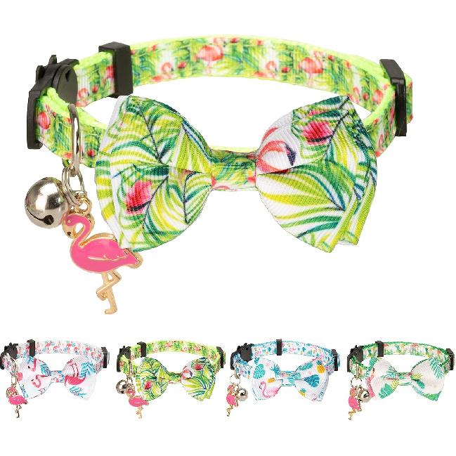 Cat Collar with Bow Tie Pink Flamingo Bell Pendant Charm Safety Detachable Cute Kitten Forest Tropic Leaf Plant Pattern Flamingo A