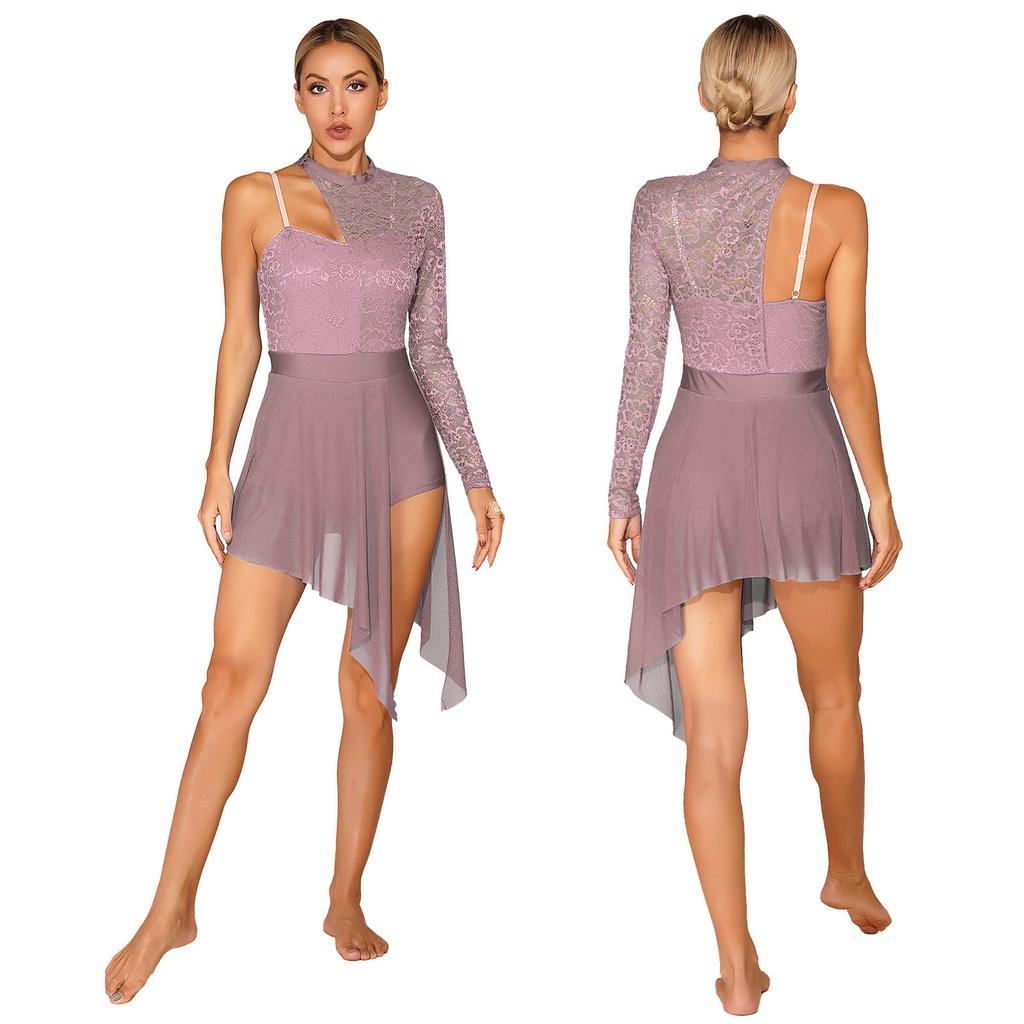 Женское лирическое танцевальное платье на одно плечо, современный балетный костюм, асимметричный подол, трико, платье