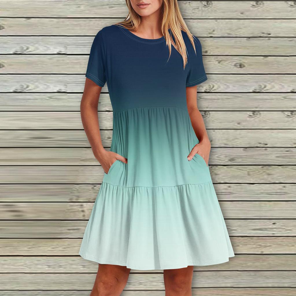 Женское повседневное модное платье-миди с круглым вырезом и коротким рукавом с принтом и карманом