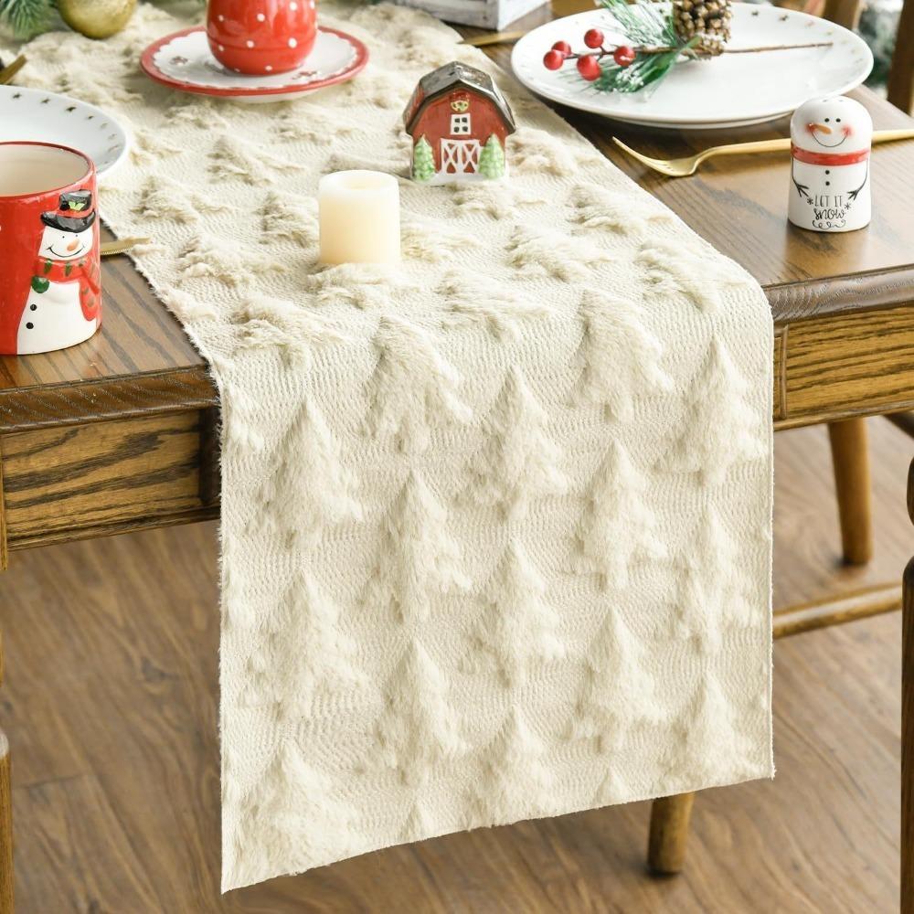 Embroidered Christmas Tree Table Runner Embossed Design Rectangular Christmas Table Cover Long Dining Tablecloth New Year