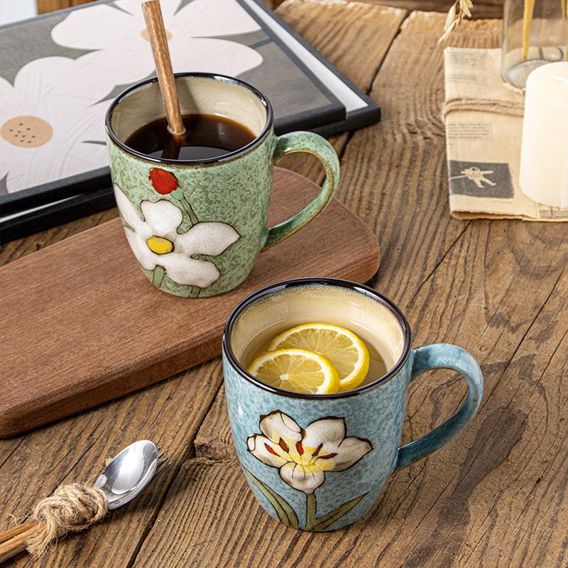 Vintage Floral Ceramic Water Mugs,12oz Hand-painted Coffee Mugs with Handle, Microwave & Dishwasher Safe
