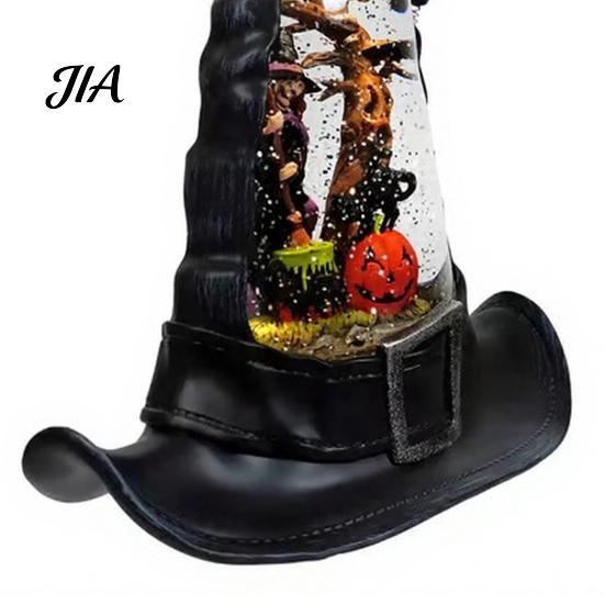 Collectible Halloween Tabletop Figurine LED Witch Hat Lamp, Vintage Gothic Resin Night Light, Faux Decor Crystal Water Glittering Ambiance Table Lamp