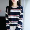 Multicolor Striped Knitted Sweater, Long-sleeved Women's Round-neck Loose Pullover Base Layer, Retro Sweater