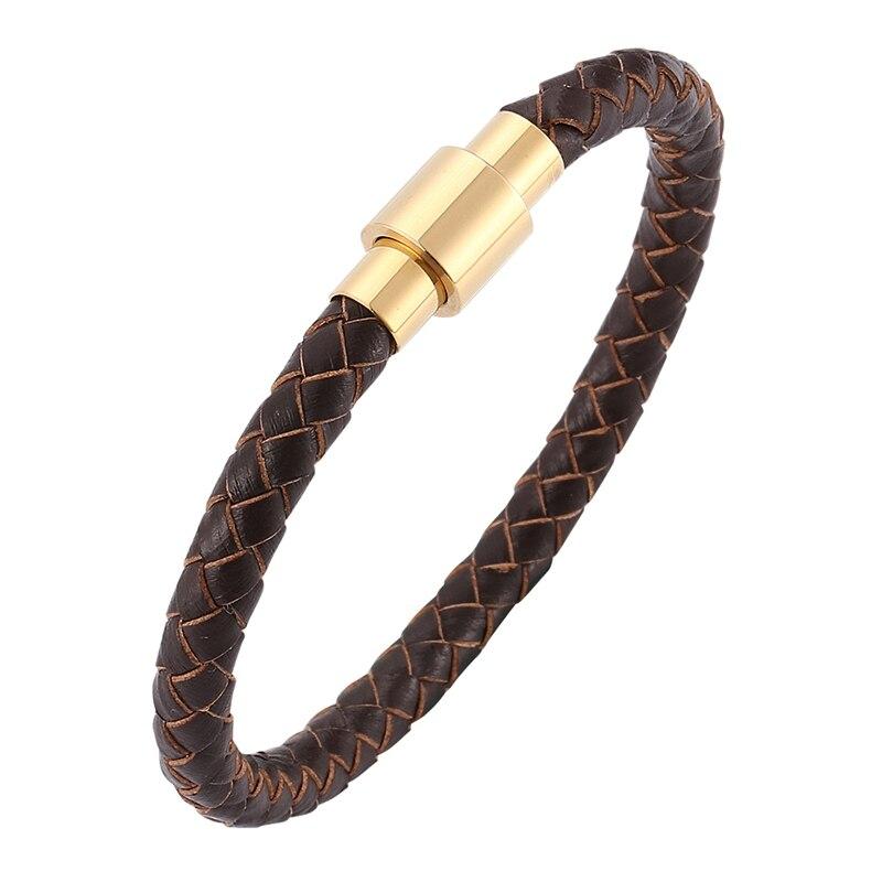 Retro Men Brown Leather Bracelet Charm Gold Color Clasp Bangles Jewelry Birthday Gift