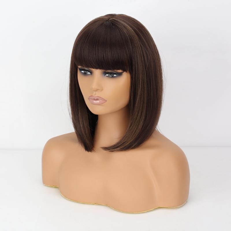 MISS WIG Женский короткий прямой парик Боб с челкой Синтетическое волокно Серый Косплей Повседневная одежда Парик Боб длиной до плеч