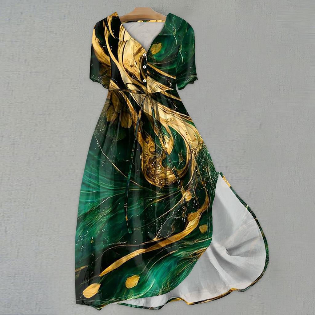 Женская мода повседневное платье с воротником с лацканами и короткими рукавами с принтом и ремнями