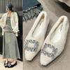 Women's Fashion Rhinestone Plush Cotton Shoes 2024 Winter Outdoor Warm Snow Boots Pointed Loafers Lamb Hair Design Casual Flats