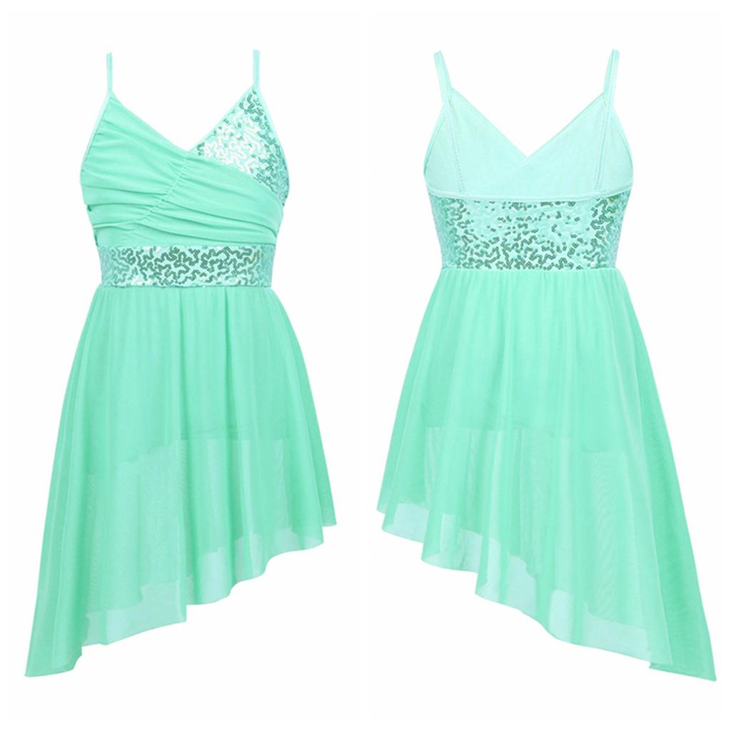 Балетное трико с блестками для девочек, лирическое современное танцевальное платье, нерегулярное платье с высоким и низким вырезом